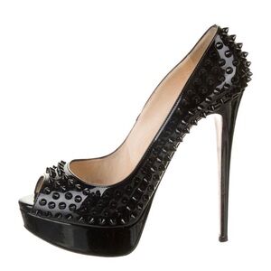 Christian Louboutin Black Patent Spike Peep-Toe Pumps